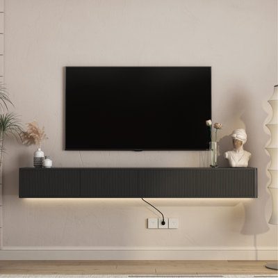 Meuble télé flottant, meuble télé mural avec lumières DEL et prise de courant, meuble télé ultrabrillant pour meuble télé de salon