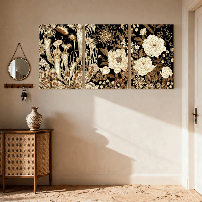 Scénario et paysages urbains, motifs floraux botaniques en or et noir, ensemble de 3 impressions sur toile, H 18 po x l 36 po