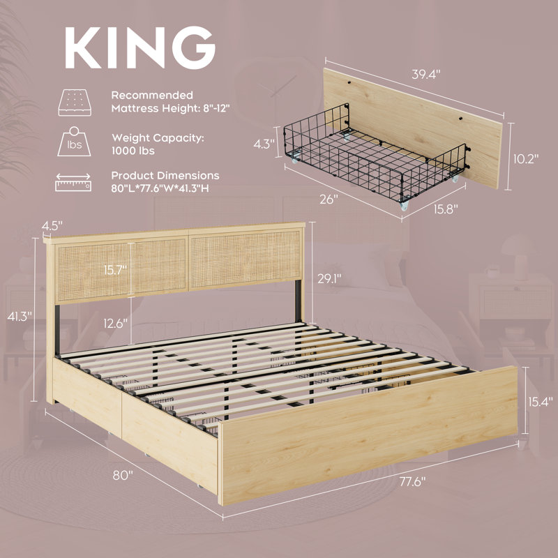 Boho Natural Rattan Bedroom Set, Grand lit, Trois pièces : lit, 2 tables de chevet