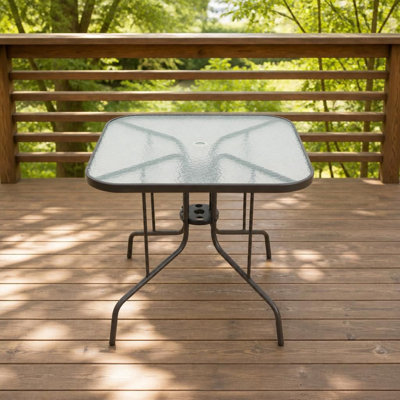 Square 4-Person Outdoor Patio Dining Table with Smooth Tempered Glass Top, Sturdy Heavy-Duty Metal Frame, Center Umbrella Hole with Built-In Undercounter Holder