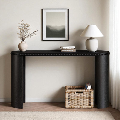 Vintage Console Table with Beaded Trim and Reversible Curved Legs, Natural Wood Veneer Finish – Entryway Accent Table for Hallway, Living Room, or Behind Sofa