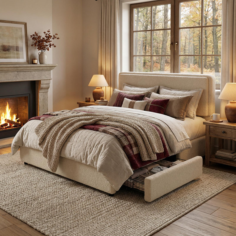 Queen Size Teddy Fleece Bed Frame, Upholstered Platform Bed with 2 Storage Drawers, Height Adjustable Cloud Headboard, Thick Soft Teddy Fabric Bed, Modern Style, No Box Spring Required, Cream
