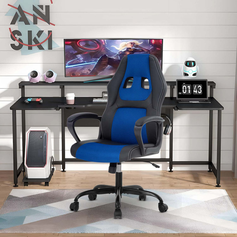 Gaming Chair Ergonomic Office Chair Computer Chair With Lumbar Support Ergonomic Pu Leather Adjustable Height Executive Chair For Women Men And Adults, Blue