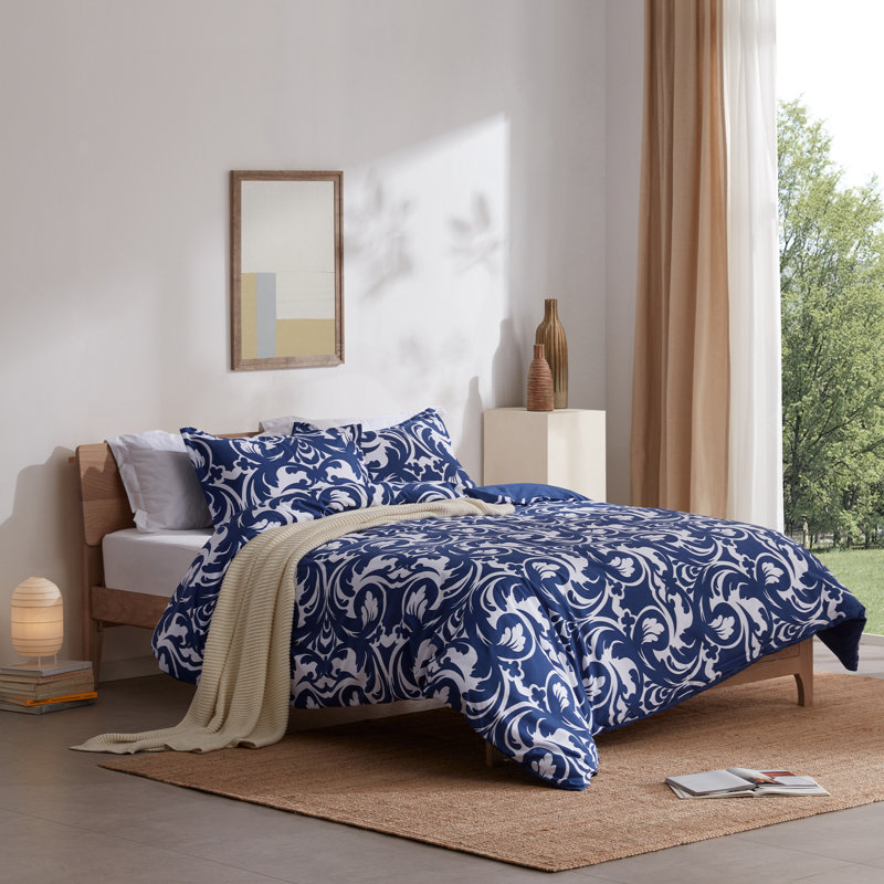 Twill Floral Duvet Cover, Full/Queen Duvet Cover + 2 Shams, Baroque Floral Blue