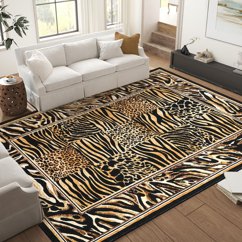 Animal Print Machine Washable Rug with Stylish Zebra and Leopard Pattern for Home Decor Non-Slip Area Rug for Living Room Bedroom Dining Room Office