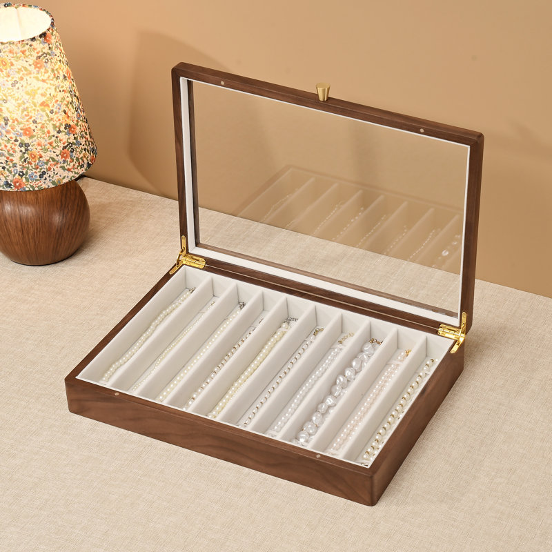 Black Walnut Wood Necklace Organizer with Clear Glass Lid, 10 Slot Jewelry Storage Box for Pendant Chain, Bracelets
