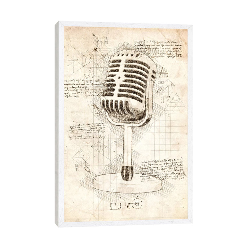 Microphone by Cornel Vlad - Painting on Canvas, 66.04 cm H x 45.72 cm W, White Framed