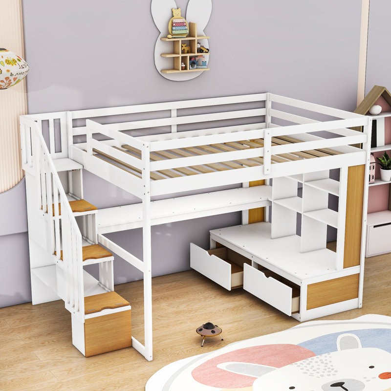 Kayd Full Size Loft Bed With Desk, Shelves, Storage Staircase And Drawers, Natural White