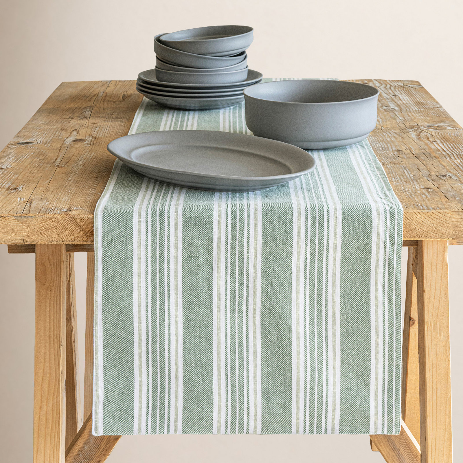 over&back Woven Striped Table Runner, 18" W x 90" L, White/Green