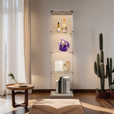 Lighted 4 Shelves Glass Cabinet Glass Display Cabinet With One Door, White