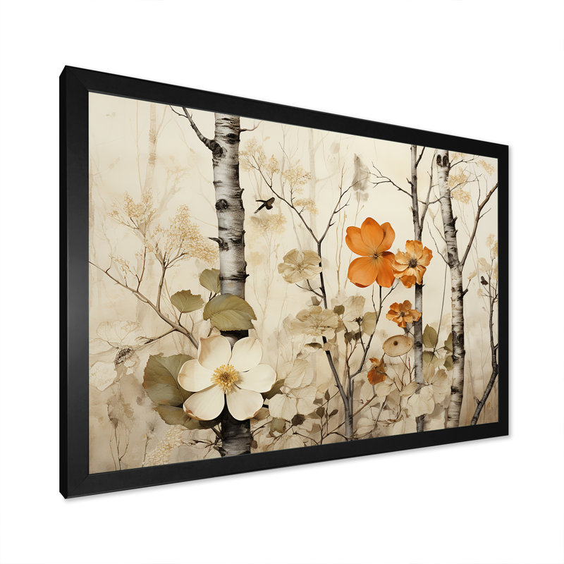 Floral, beige et brun, bouleau, forêt, forêt - arbre, art mural, H 12 po x l 20 po x P 1 po, Cadre d'angle fermé noir