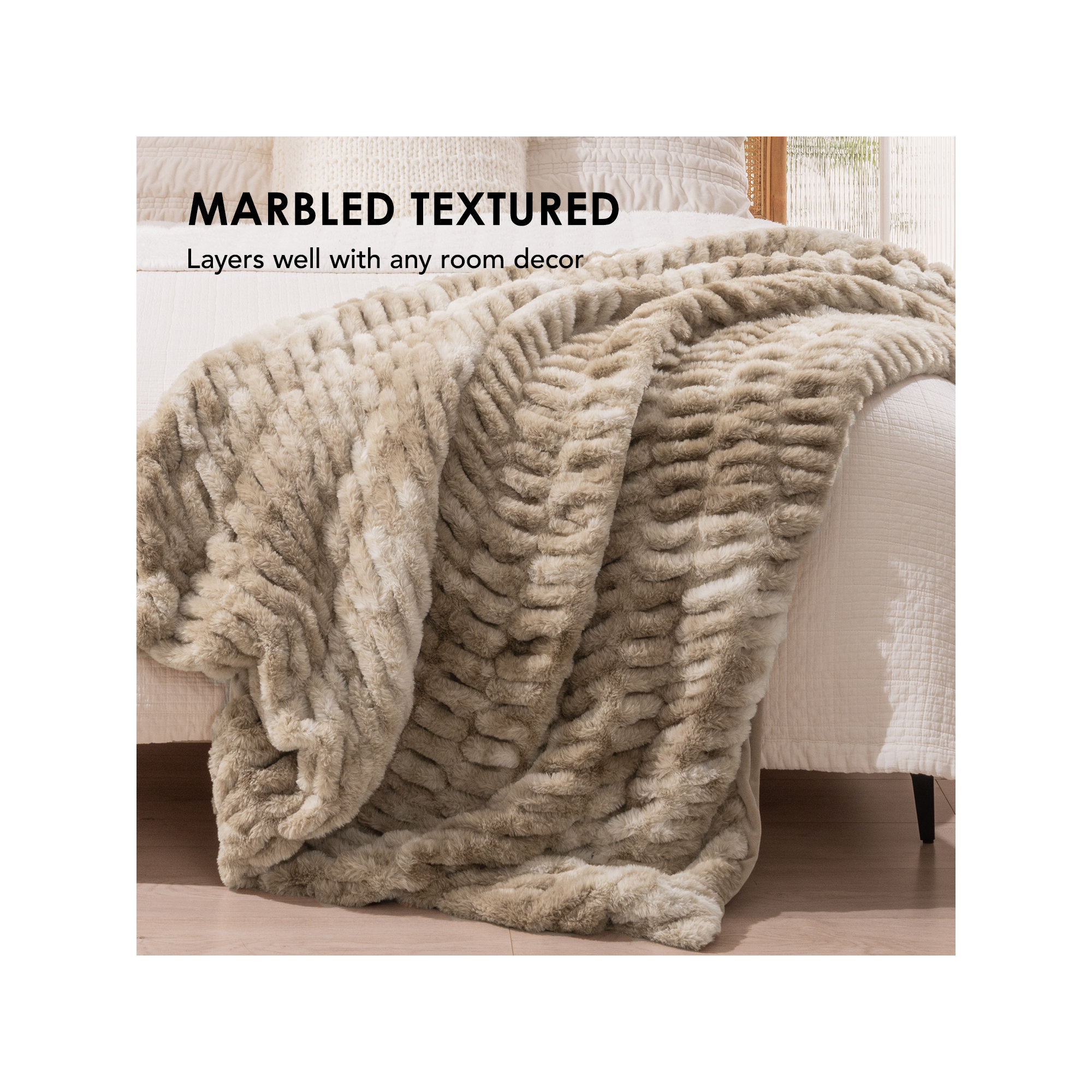 Ruched Bubble Faux Fur Throw Blanket, 50" W x 60" L, Beige