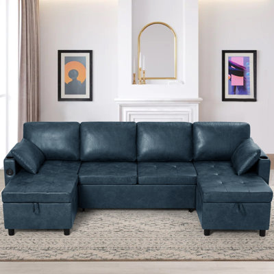 108" U-Shape Sectional Sleeper Sofa Bed With Adjustable Backrest,Pull-Out Reversible Couch With Storage Chaises, Suede Leather Convertible Sofa With USB Charging Port For Living Room, House