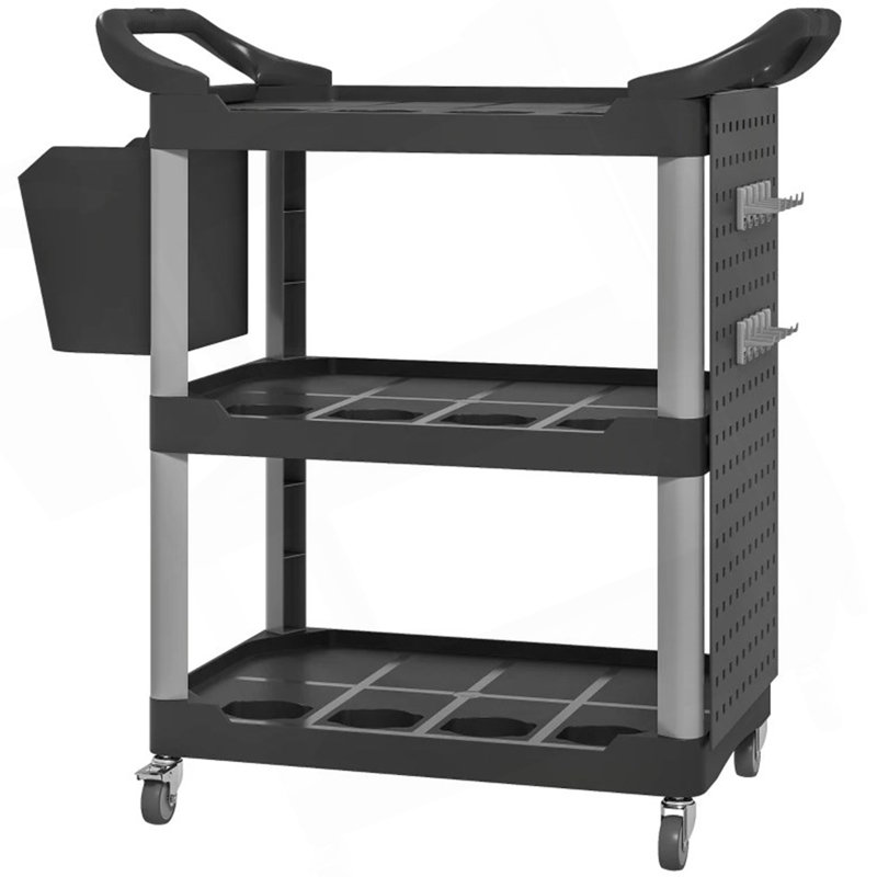 Chariot à outils à 3 niveaux, chariot utilitaire en plastique avec tablette latérale et seau