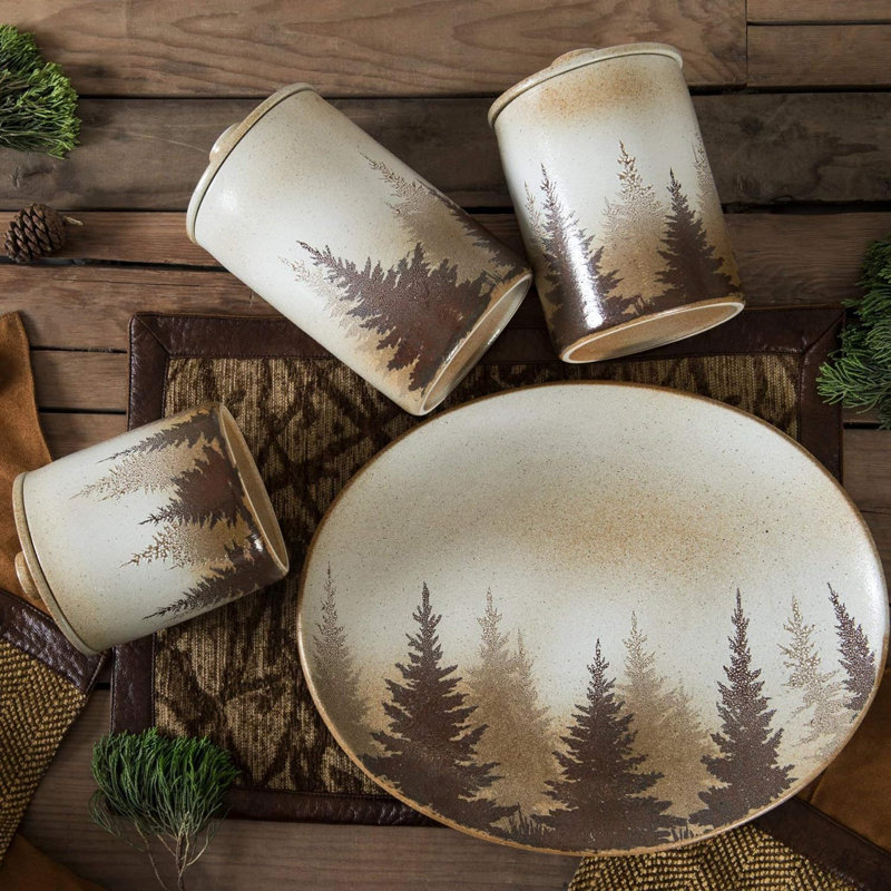 Rustic White Ceramic Forest Pine Canister Set, 3 Pieces