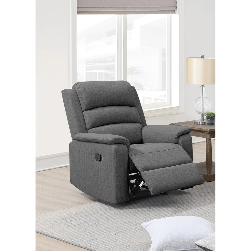 Fauteuil inclinable manuel en jute gris foncé, style moderne, avec fonction de relaxation des mouvements, assise et accoudoirs rembourrés, avec coussin.
