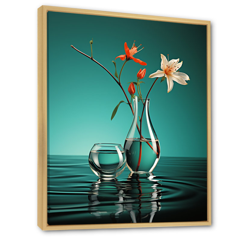 Vase de fleurs turquoise - impression, H 20 po x l 12 po x P 1 po, Cadre naturel flottant