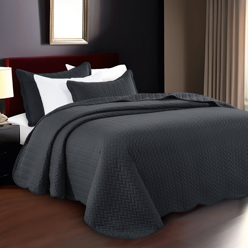Microfiber Embossed Oversized Modern & Contemporary Bedspread Set With Shams, Twin Bedspread + 1 Pillowcase, Charcoal