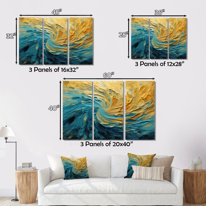 «Golden Ocean Swirling Waves», peinture 3 pièces, H 28 po x l 36 po x P 1 po