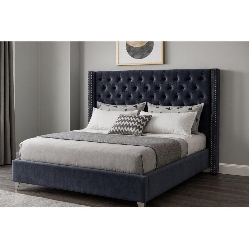 Joclynn Upholstered Wingback Bed, Full, Grey Velvet, Chrome