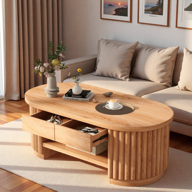 Table basse ovale cannelée moderne 43,7 po avec tiroirs, tablette basse et panneau rond en verre trempé, Marron clair