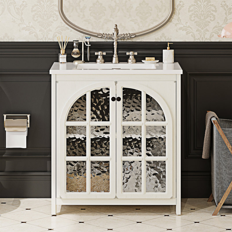 Meuble-lavabo Farmhouse avec lavabo en céramique, Blanc antique