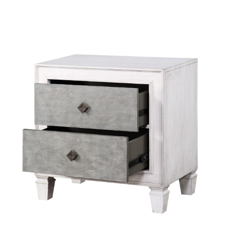 Table de chevet en gris et blanc avec fonction de tiroir sécuritaire et de fabrication