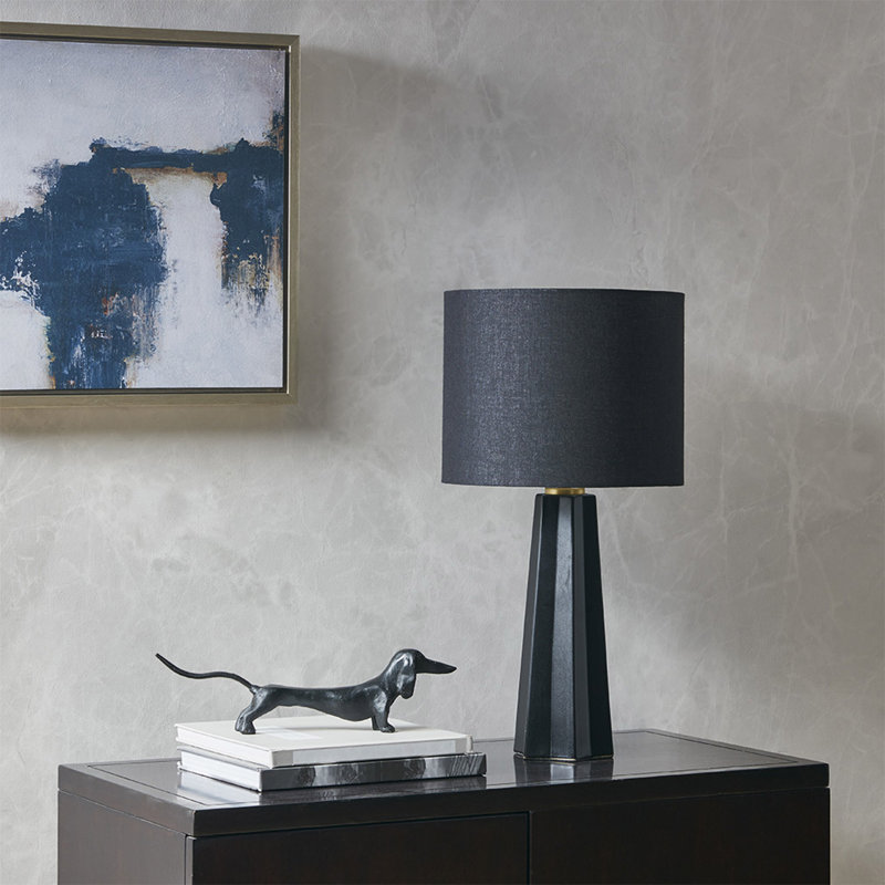 Athena Matte Black Geometric Ceramic Table Lamp with Drum Shade
