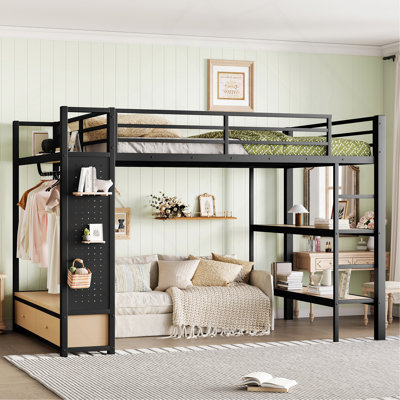 Grand cadre de lit mezzanine avec garde-robe, lit mezzanine en métal avec tablettes de rangement et panneau perforé, noir