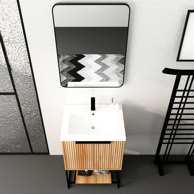 Armoire de salle de bain autoportante de 24 pouces - Lavabo en résine, fermeture en douceur, espace de rangement suffisant avec décoration moderne, porte à fermeture en douceur pour, option de rangement