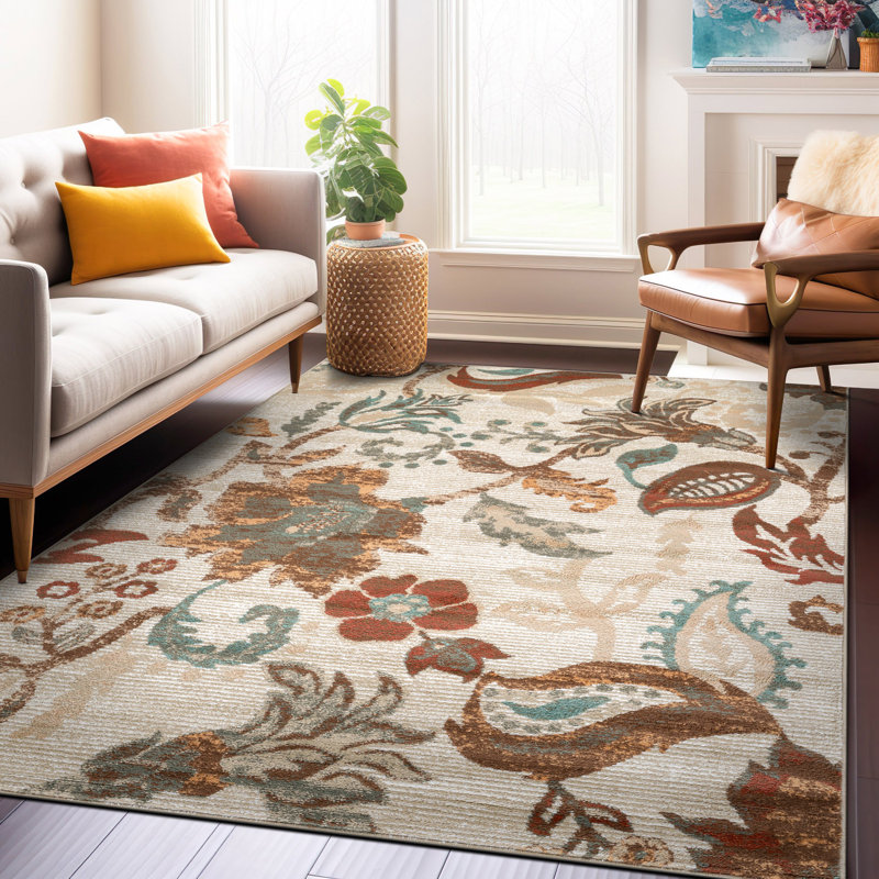 Beige Multi Botanical Scroll Area Rug, Rectangle 5' x 7'