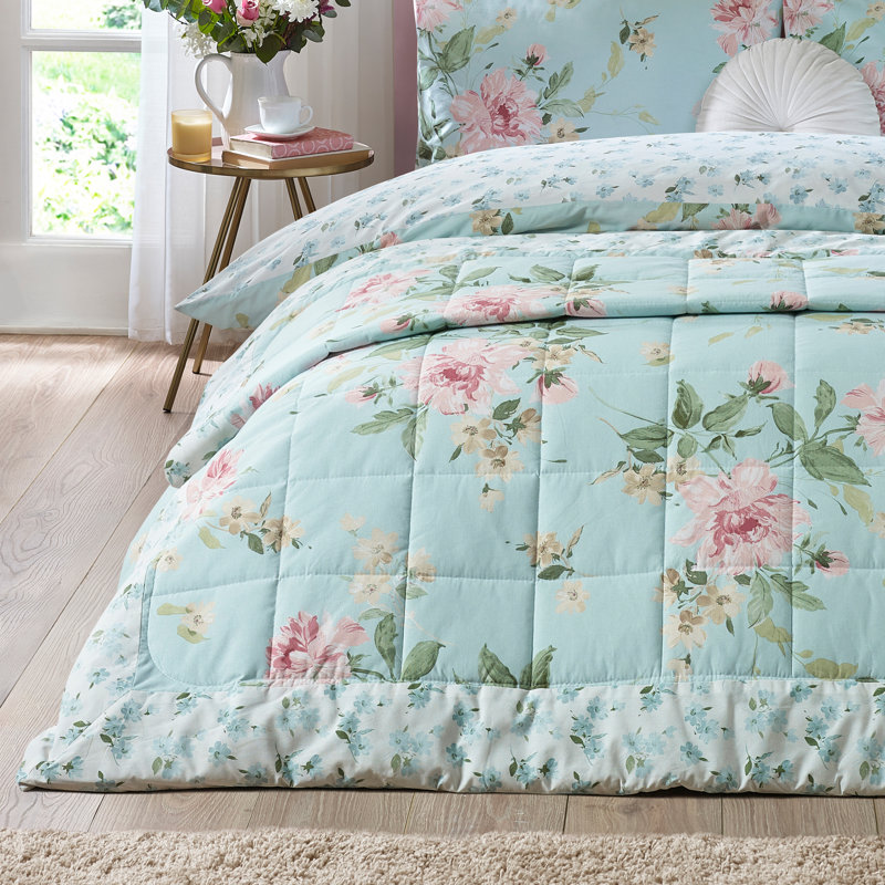 Avebury Floral Reversible Quilted Bedspread, Duck Egg Blue