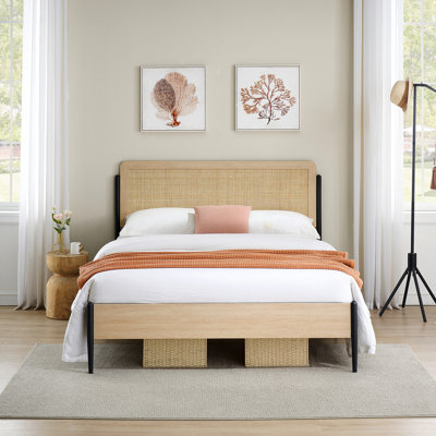 Modern Boho Rattan Bed Frame -Queen Size Platform with Headboard and Wood Footboard, Sturdy Metal Slats, Noise-Free, Underbed Storage, No Box Spring Needed, Bedroom Furniture, Oak,Queen