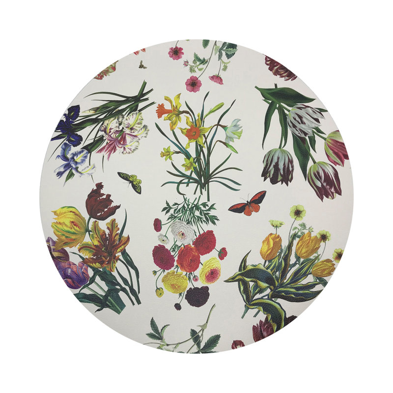 Flora Fauna Black Vegan Leather Round Coasters, White