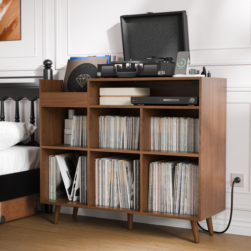 Meher 45" W Vinyl Record Storage Cabinet with Charging Station, Adjustable Open Shelves, Brown
