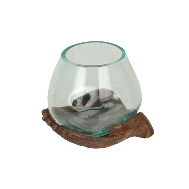 Vase, bol et terrarium en verre soufflé transparent soufflé transparent avec base en bois naturel sculpté - L 7 po x l 7 po x H 5,25 po