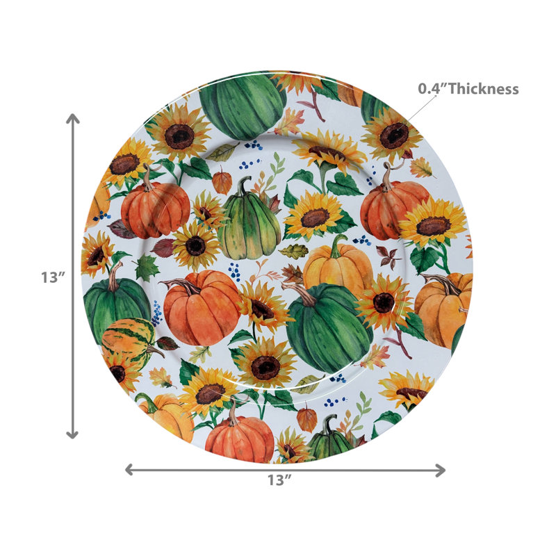 Assiette de présentation en métal imprimée (citrouilles et tournesols) (13 po) - ensemble de 6