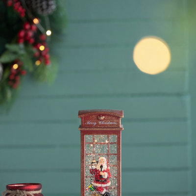 Christmas Lighted Water Spinning Phone Booth With Santa, Festive Holiday Table Decor, Battery-Operated, 4X4x10 Inches