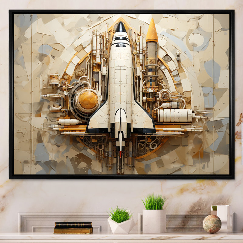 Navette spatiale rétro voyage cosmique, Cadre flottant noir, H 34 po x l 44 po x P 1,5 po