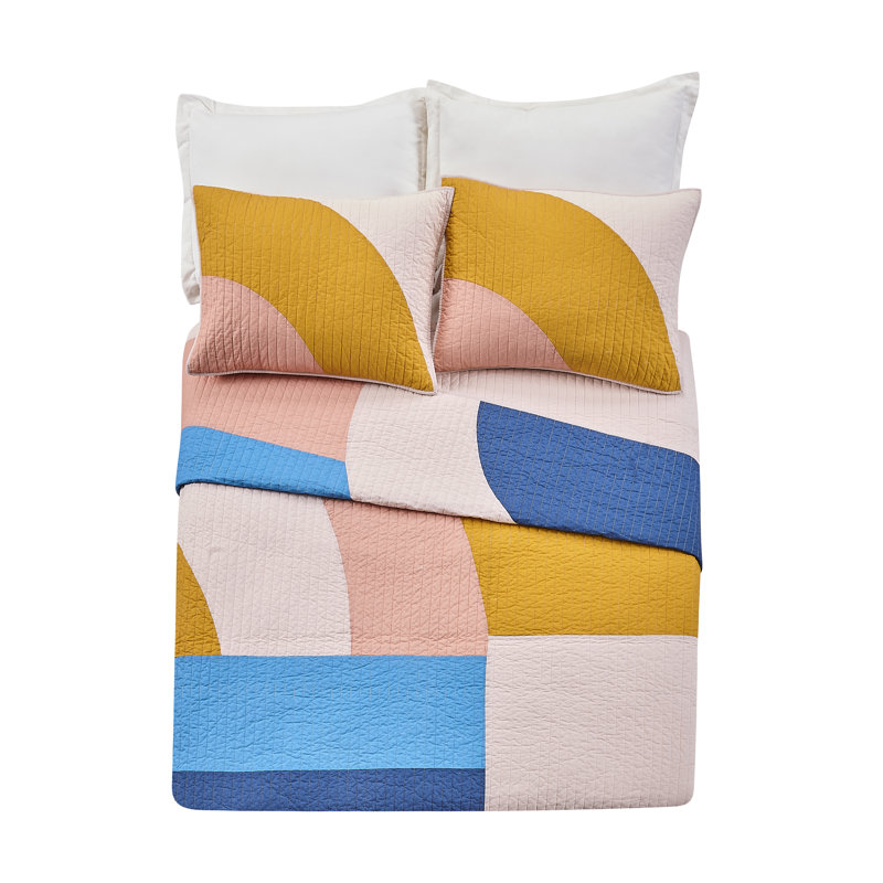 Modshapes Pink/Blue 100% Cotton Quilt Set, Full/Queen Quilt + 2 Shams