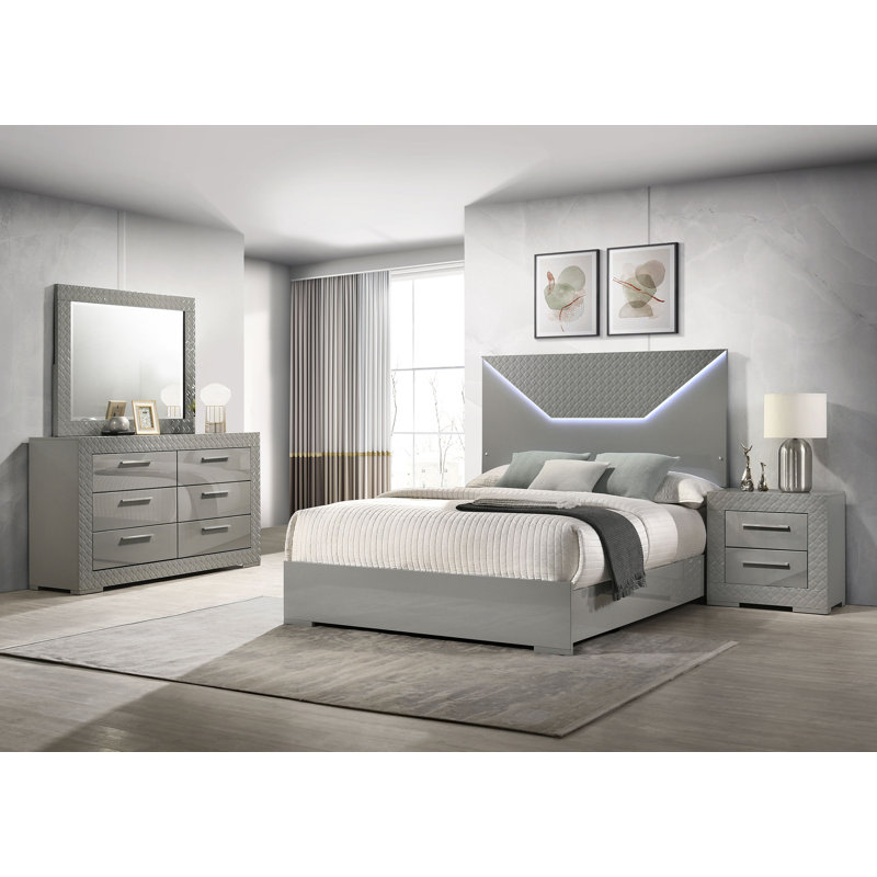 Ensemble de chambre à coucher 4 pièces Ives, Gris, Grand lit