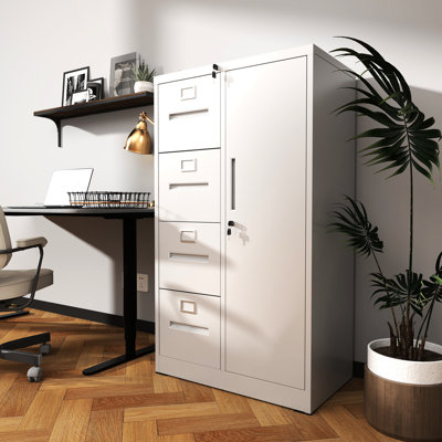 Armoire de rangement en métal blanc avec 4 tiroirs et 1 porte pour bureau de chambre à coucher - Acier, espace de travail paisible, emboîtable