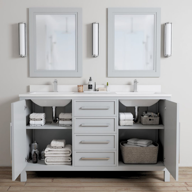 Zakare 63'' Double Bathroom Vanity with Quartz Top with Mirror, Gray