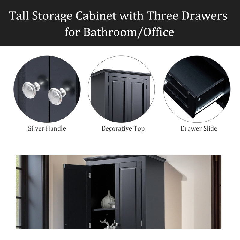 Grande armoire de rangement avec trois tiroirs pour la salle de bain / bureau, Noir, noir, noir, noir
