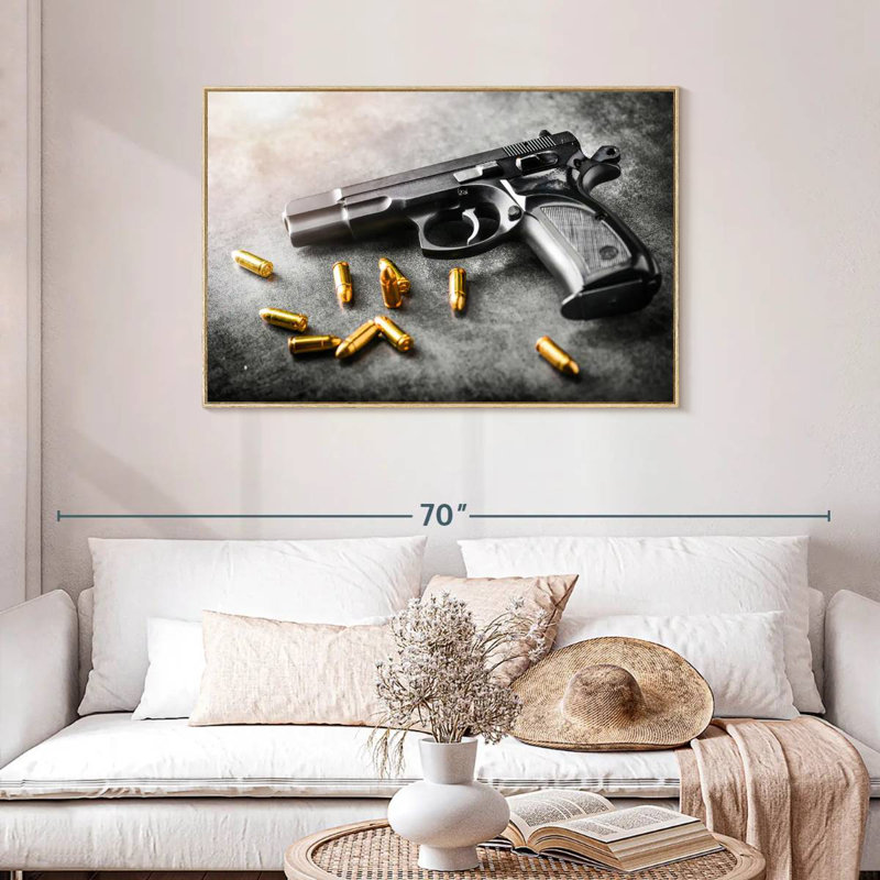 Handgun And Bullets, Floating Frame Natural Wood, 43" X 29"
