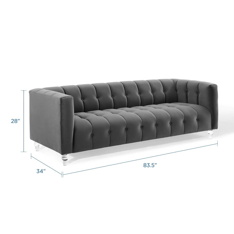 Mesmer Channel Tufted Button Performance Velvet Sofa In Charcoal, Charcoal