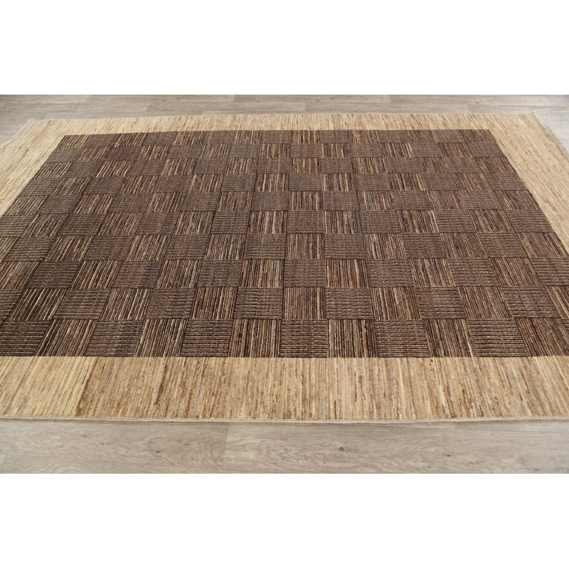 Tapis décoratif en laine de conception unique 5 pi 6 po x 9 pi 11 po noué à la main New Age en brun/beige