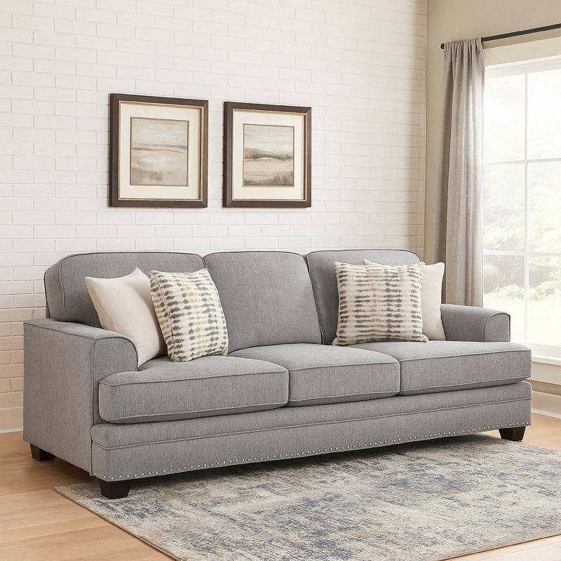 Canapé Brady avec 4 coussins, chenille grise, garniture cloutée, 92 pouces, Gris