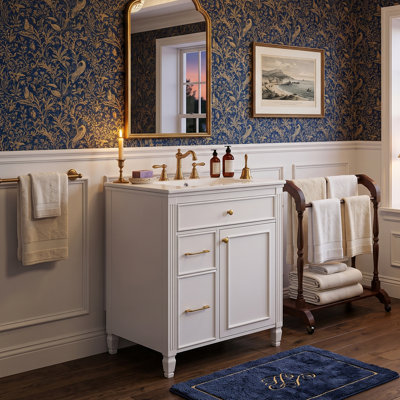 Meuble-lavabo classique 24 po / 30 po avec lavabo en céramique et porte à fermeture en douceur, armoire en bois massif (noir / blanc / bleu gris)
