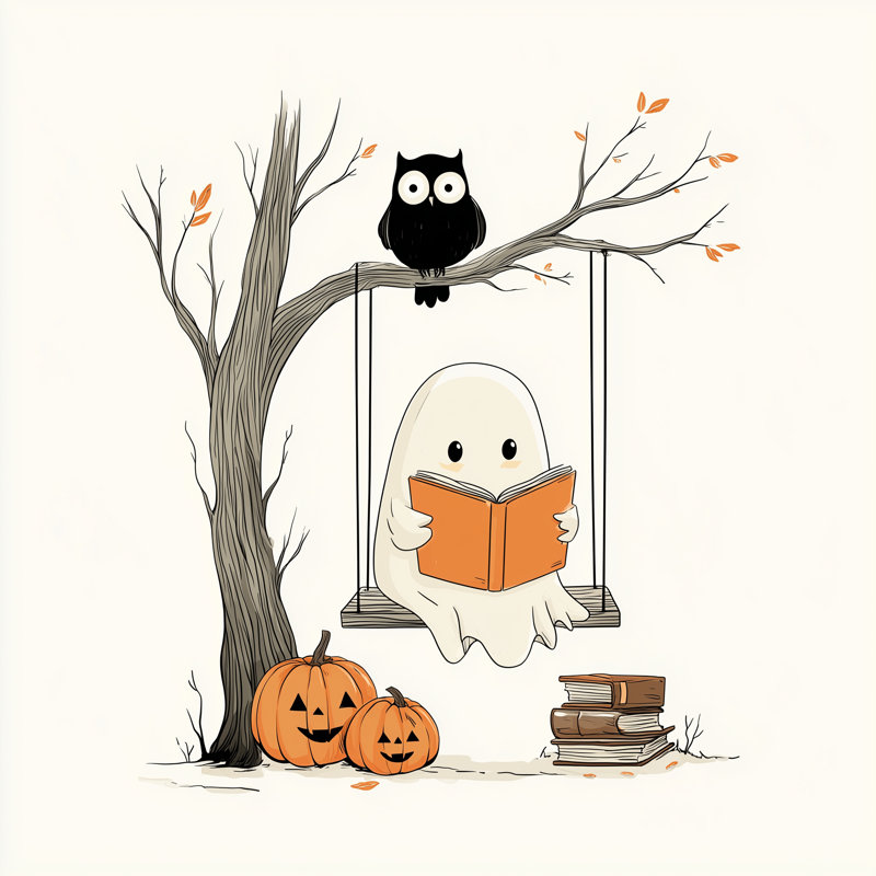 «Ghost lecture sous arbre d'automne avec citrouilles», art mural sur toile, H 30 po x l 30 po